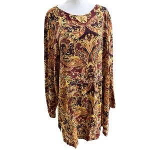 J.Jill‎ Paisley Tunic Top XL Tall Long Sleeve Boho Print Rayon Burgundy Gold